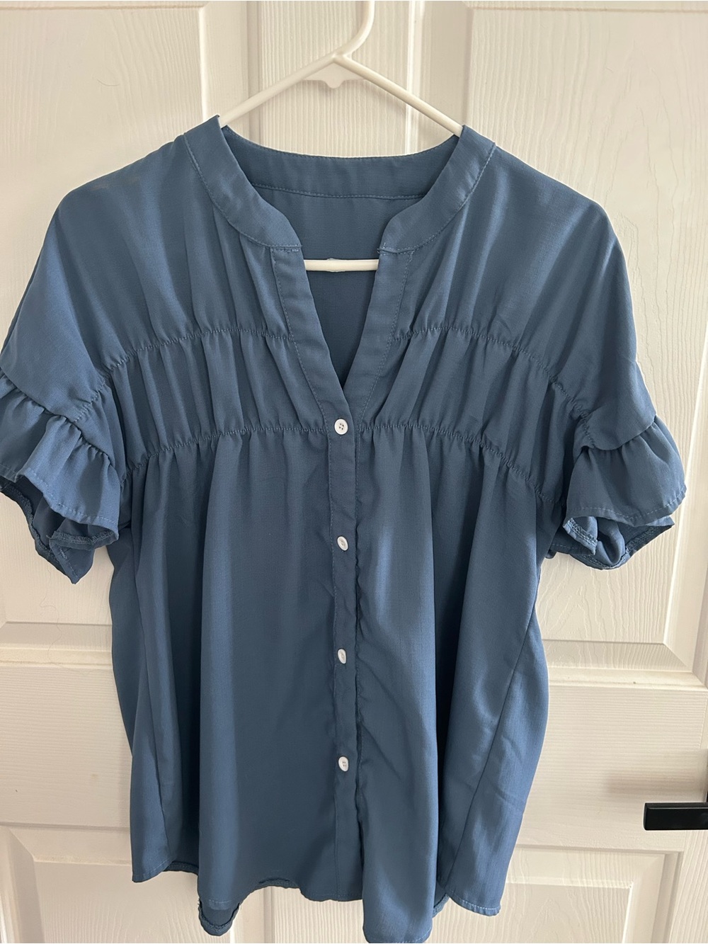 SHEIN Navy Button-Front Ruffle Sleeve Blouse